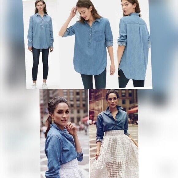 $265 NWT SOLID & STRIPED Shirt Long Sleeve Blue‎ MEDIUM Collared Half Button - Picture 1 of 12